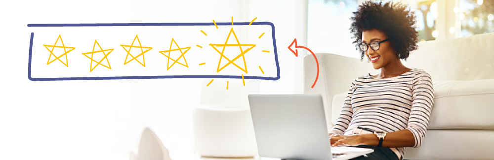 Woman sitting and smiling happily at her laptop screen, with five golden stars sketched in the air above her.