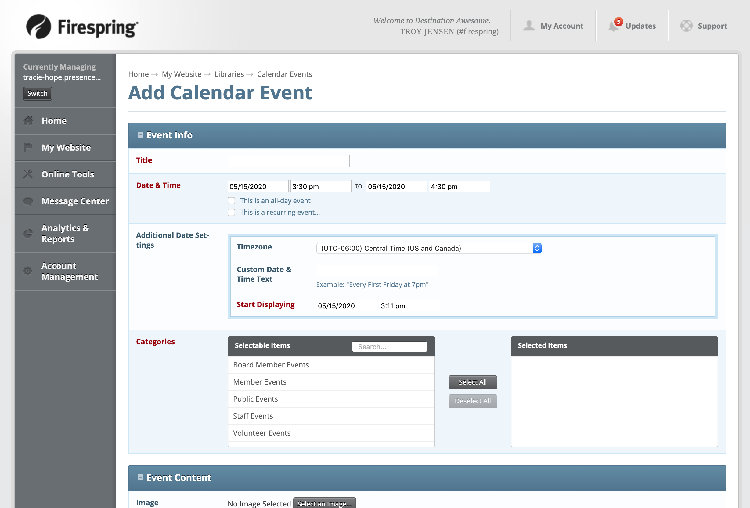calendar add event screen built into best website builder for nonprofits