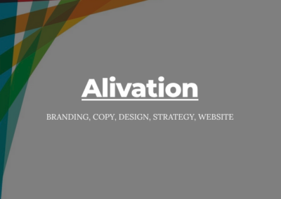 Gray background with green and orange stripes on left side. Text: Alivation; branding, copy, design, strategy, website