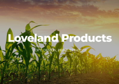 Cornfield with sun setting on right side of image. Text: Loveland products; copy, design, print, strategy.