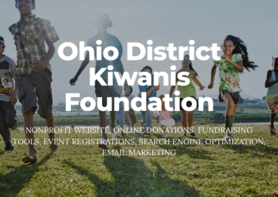 Children running in field, smiling. Text over image: Ohio District Kiwanis Foundation; nonprofit website, online donations, fundraising tools, event registrations, search engine optimization, email marketing.