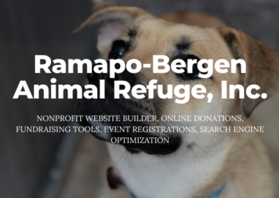Photo of cute, white and brown dog with large brown eyes. Text: Ramapo-Bergen Animal Refuge, Inc. Nonprofit website builder, online donations, fundraising tools, event registrations, search engine optimization.