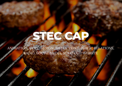 Grill with juicy hamburgers cooking over flames. Text: STEC CAP; animation, copy, design, media, print, public relations, radio, social media, strategy, website.