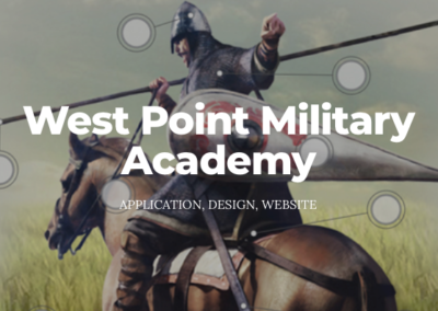 Knight riding horse in a field. Text: West Point Military Academy, application, design, website.