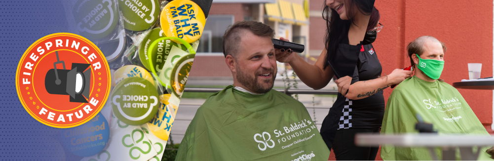 Firespring Feature, raising money for childhood cancer. Man getting head shaved for charity.