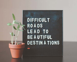 A small pot of sprouts next to a black letter board reading: Difficult roads lead to beautiful destinations