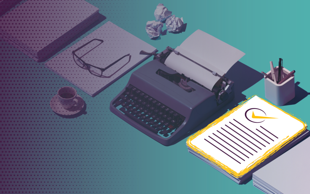 Illustration of organized desk with typewriter and notepad.