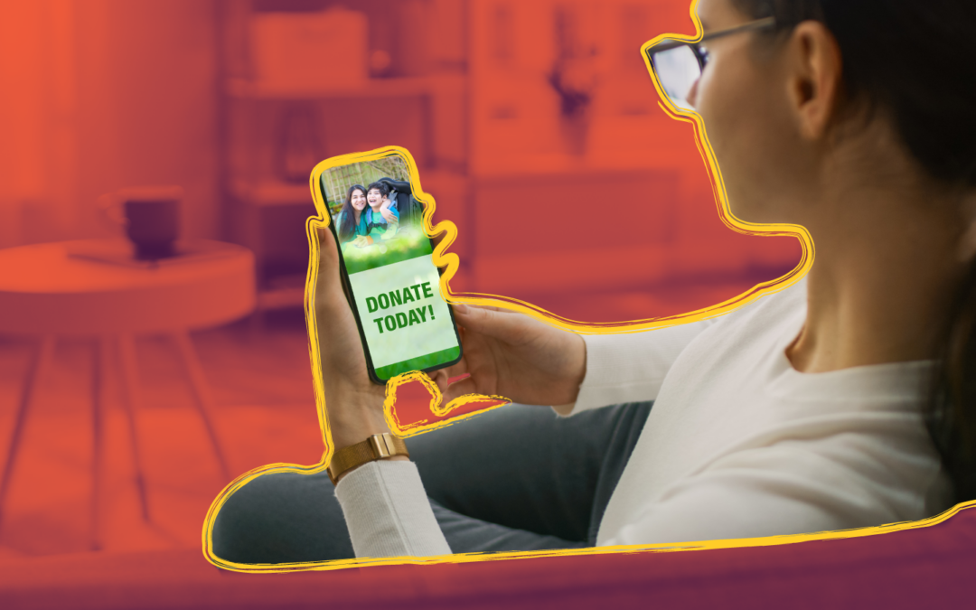 Photo of a woman reading "Donate Today" from a smartphone screen.