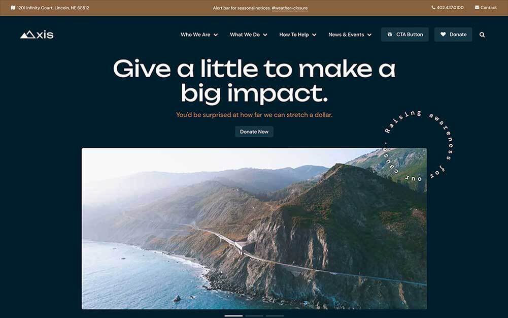 Axis nonprofit website theme, desktop preview with default content