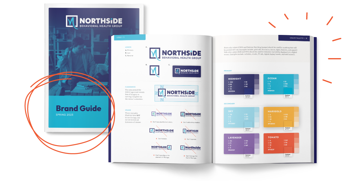 A photo of a brand guide created for Northside. Image of the guide opened up to show appropriate logo and color use. 