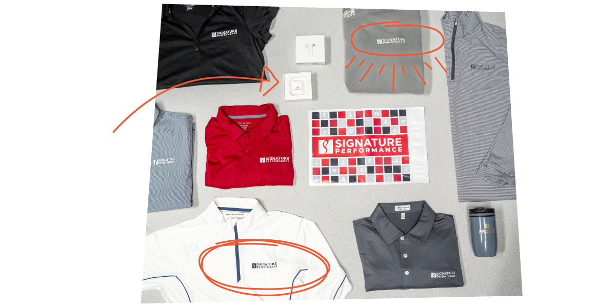 Image of various items with "Signature Performance" logo on them. Representing branded apparel example. 