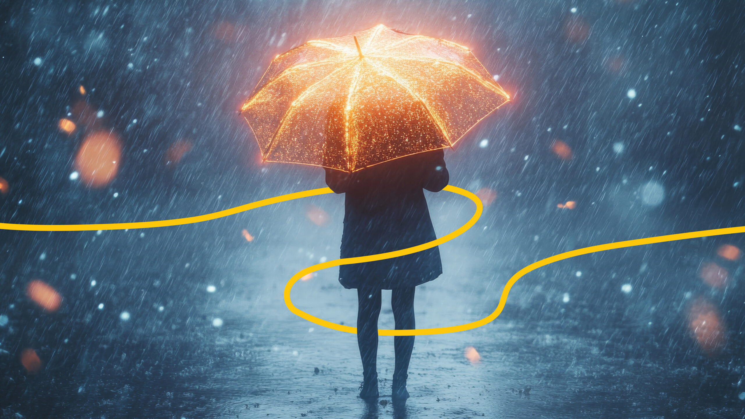 A person walking through the street in a rainstorm, they are carrying an umbrella that is illuminated to demonstrate resilience during difficult times