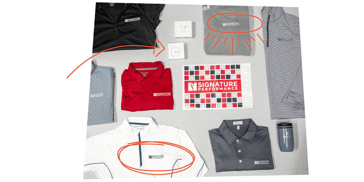 Image of various items with 'Signature Performance' logo on them. Representing branded apparel example.