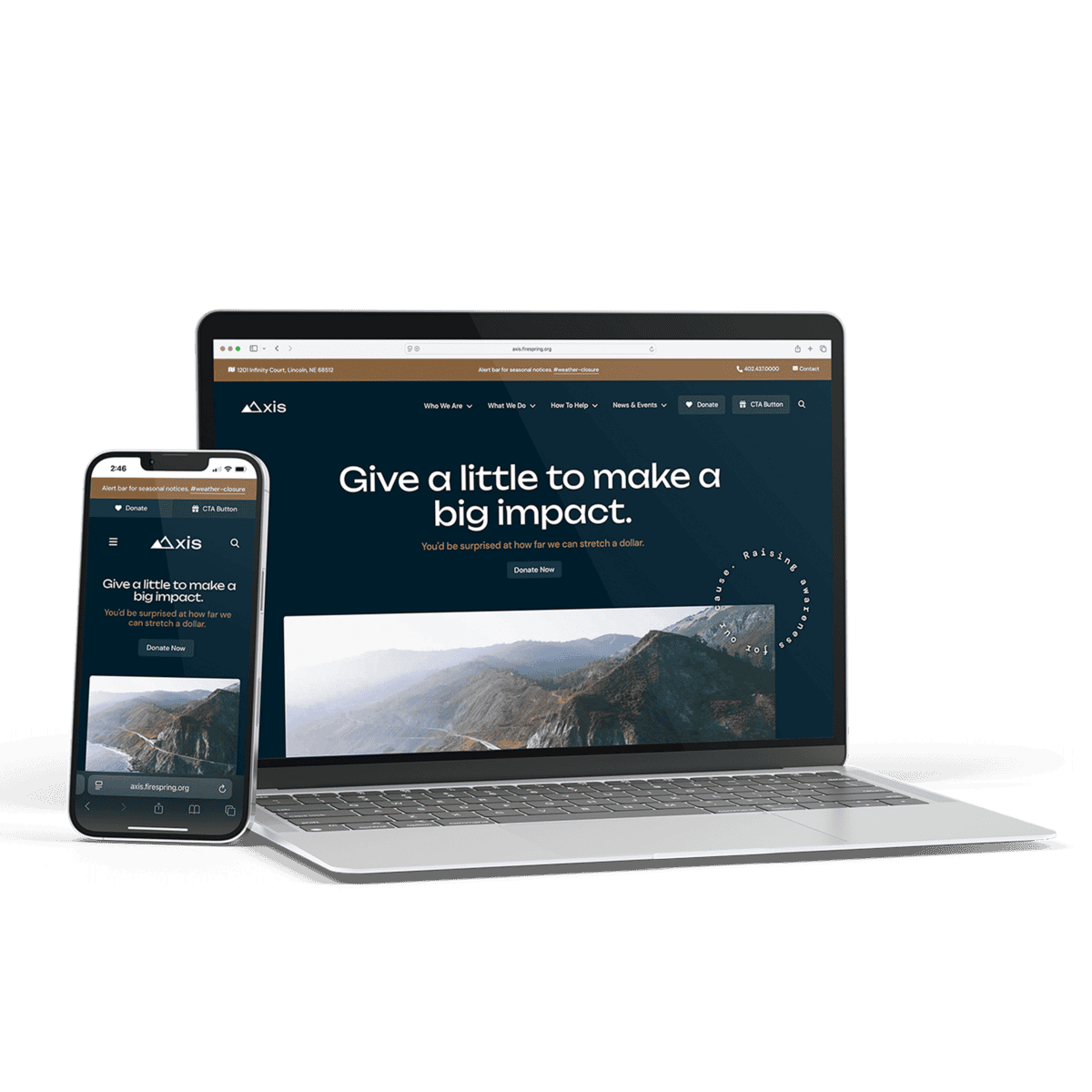 Laptop and smartphone showing the same website homepage.