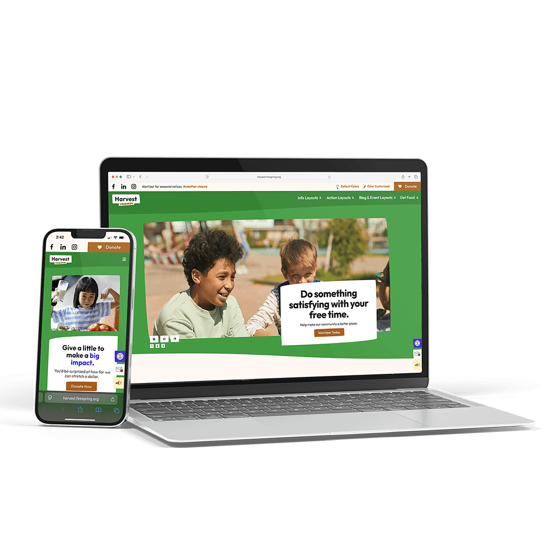 Harvest_Laptop_Mobile Laptop and smartphone displaying a volunteer organization website.