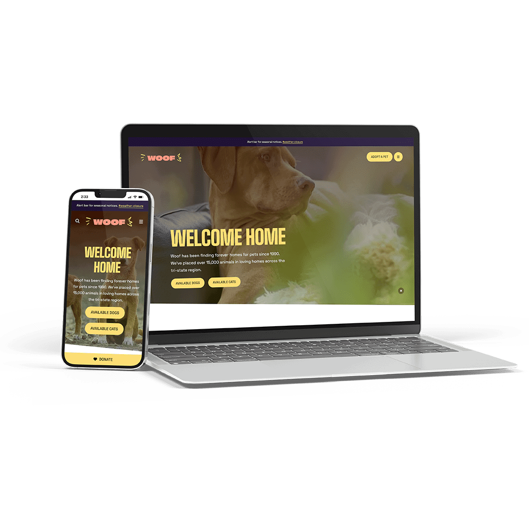 Firespring-Springboard_Themes_MockUp_Laptop_Phone_Woof-1080x1080 A smartphone and laptop display a website with a dog image and the text "Welcome Home" on both screens.
