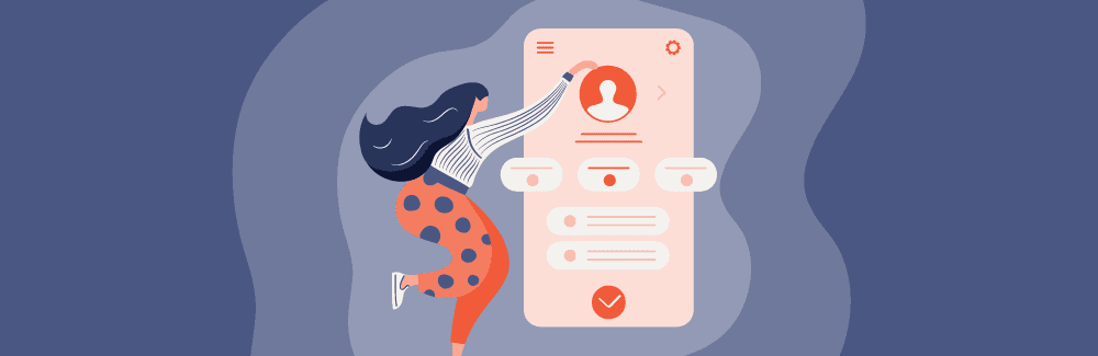 Illustration of a woman interacting with a large smartphone screen displaying a user profile and settings on a wavy, abstract background.
