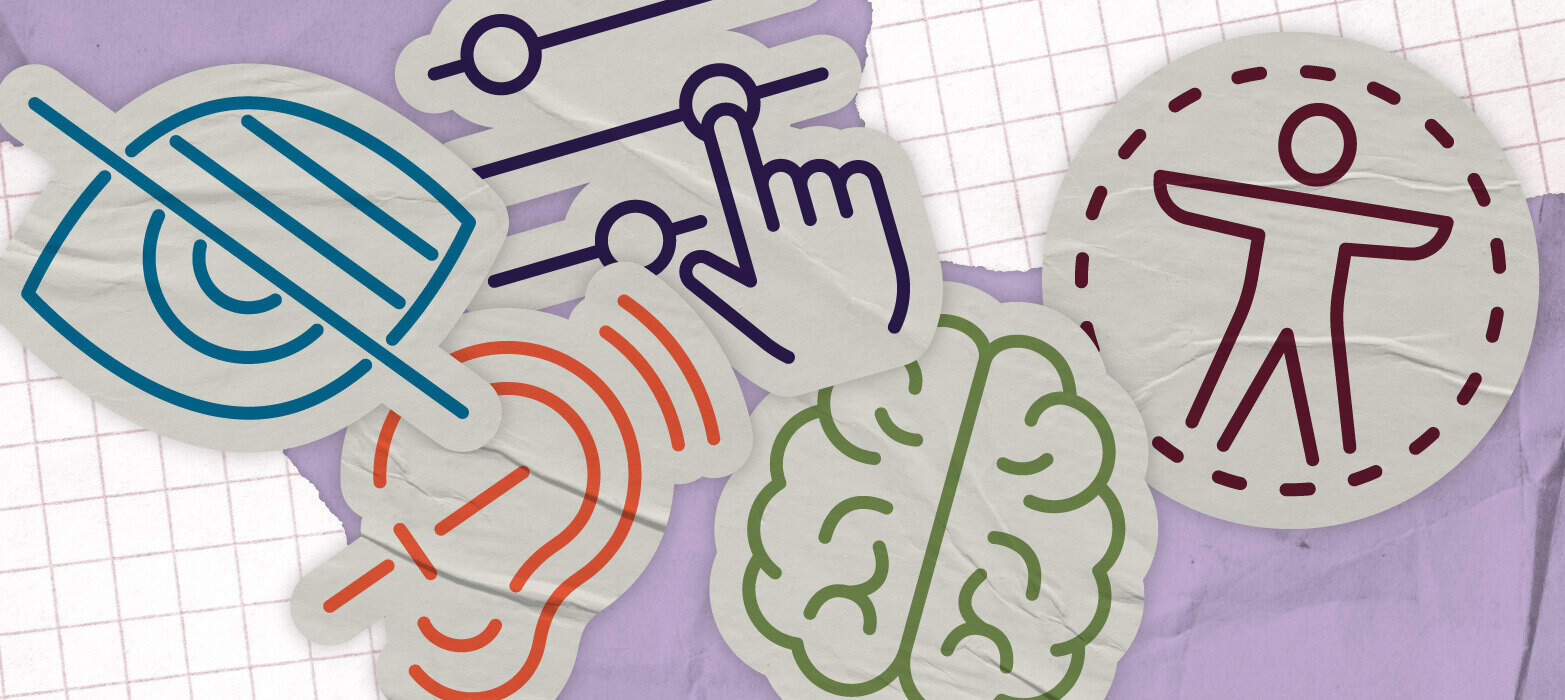 Stickers depicting an eye with a slash, sliders with a hand, an ear, a brain, and an accessibility figure, on a textured purple and grid background.