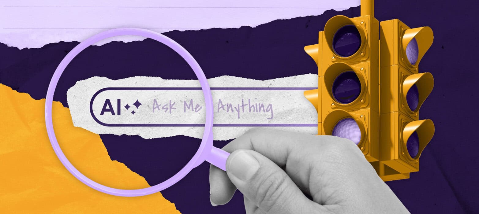 A hand holds a magnifying glass over the text "AI Ask Me Anything" with a yellow traffic light on the right and abstract purple and yellow background elements.