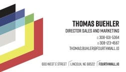 Fourth-Wall-Business_Card_2 Business card for Thomas Buehler, Director of Sales and Marketing at Fourthwall, with contact details and a colorful geometric design.