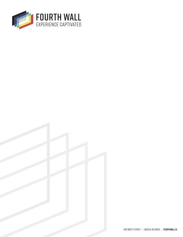 Fourth Wall logo with overlapping rectangles and the tagline "Experience Captivated" at the top left, geometric line pattern bottom left, and contact information in small text at the bottom.
