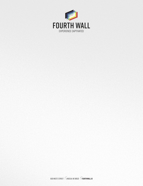 Minimalist white poster with the Fourth Wall logo and text "EXPERIENCE CAPTIVATED" at the top center, and contact information at the bottom center.