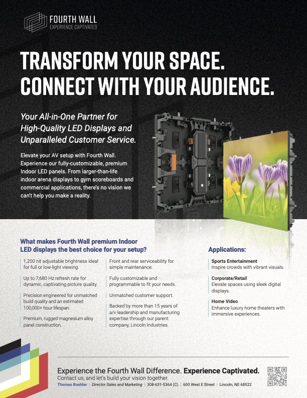 A promotional flyer for Fourth Wall features LED display panels, text about AV solutions, and bullet points listing benefits for premium indoor LED displays. Contact details are at the bottom.