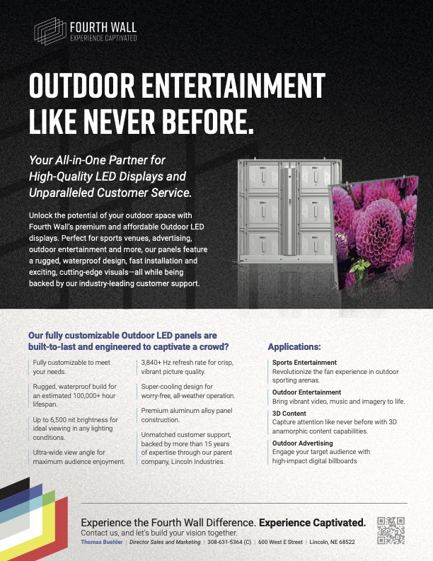 Promotional flyer for Fourth Wall, featuring customizable outdoor LED display panels, product specifications, service highlights, and company contact information.