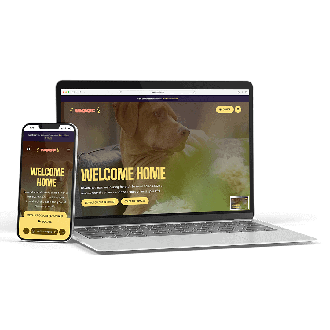 Woof_Laptop_Mobile (1) A smartphone and laptop display a website with a dog image and the text "Welcome Home" on both screens.