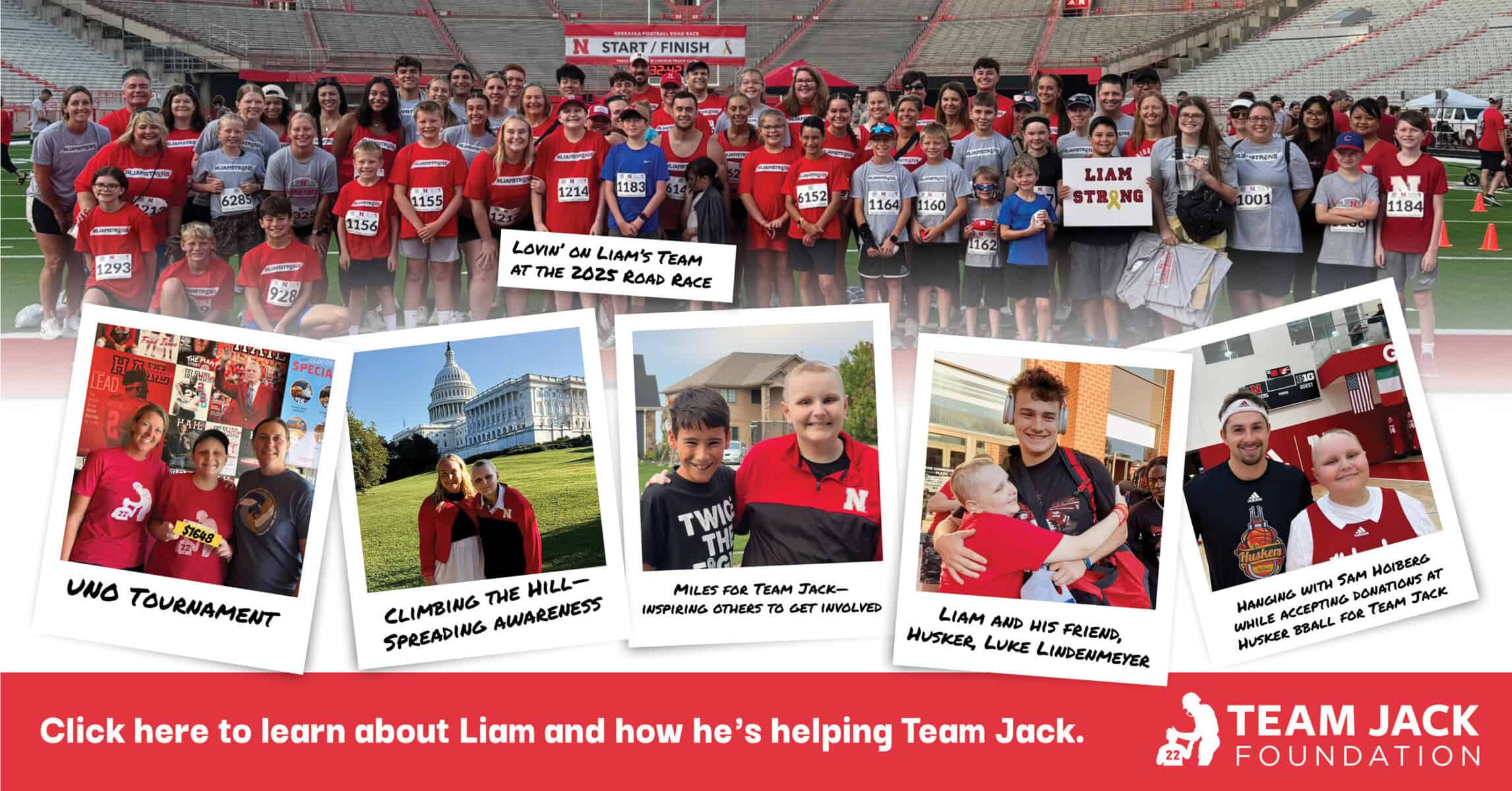 Team_Jack-EOY25_Campaign_Liam_DigitalAds2 A group photo at a stadium with smaller images showing a boy named Liam at events supporting the Team Jack Foundation for pediatric brain cancer awareness and fundraising.