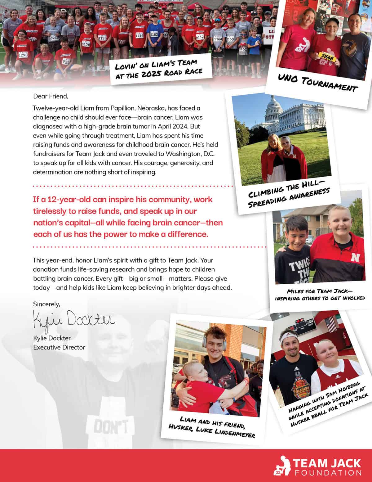 Team_Jack-EOY25_Campaign_Liam_Letter_8.5x11 A childhood cancer awareness letter featuring photos of Liam’s Team at events, fundraising highlights, and a message from the Team Jack Foundation executive director.